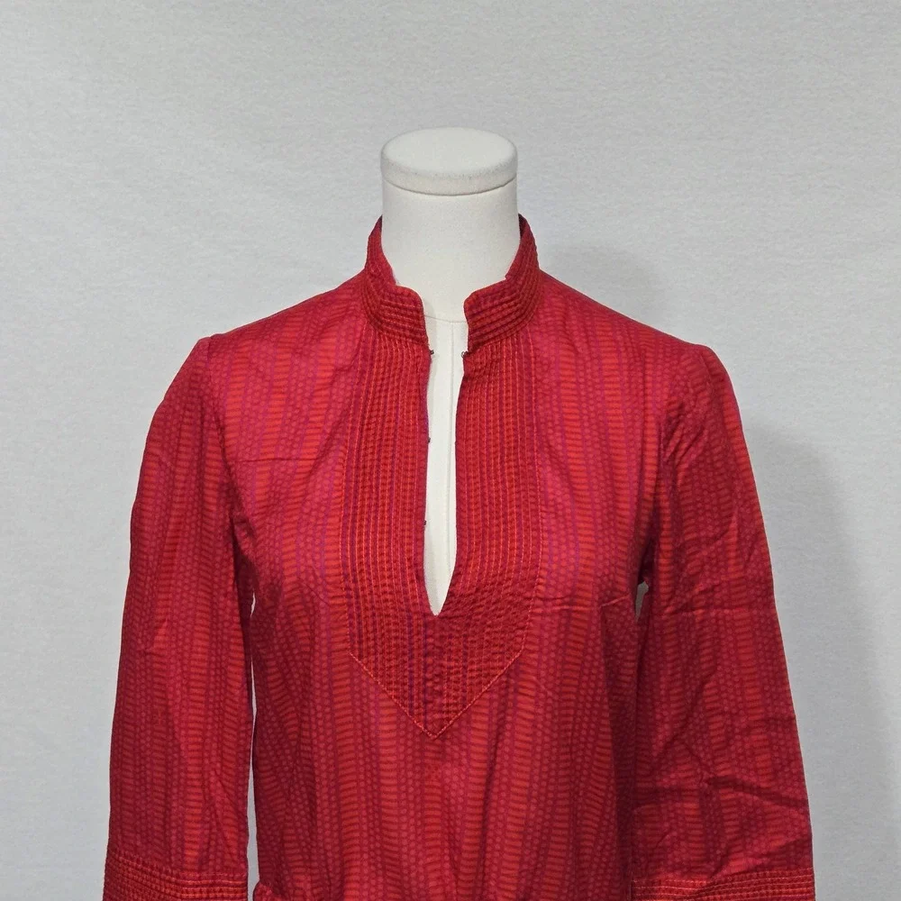 Tory Burch Dress Womens 2 Red Geometric Print Tunic Split Neck Waist Tie Boho‎